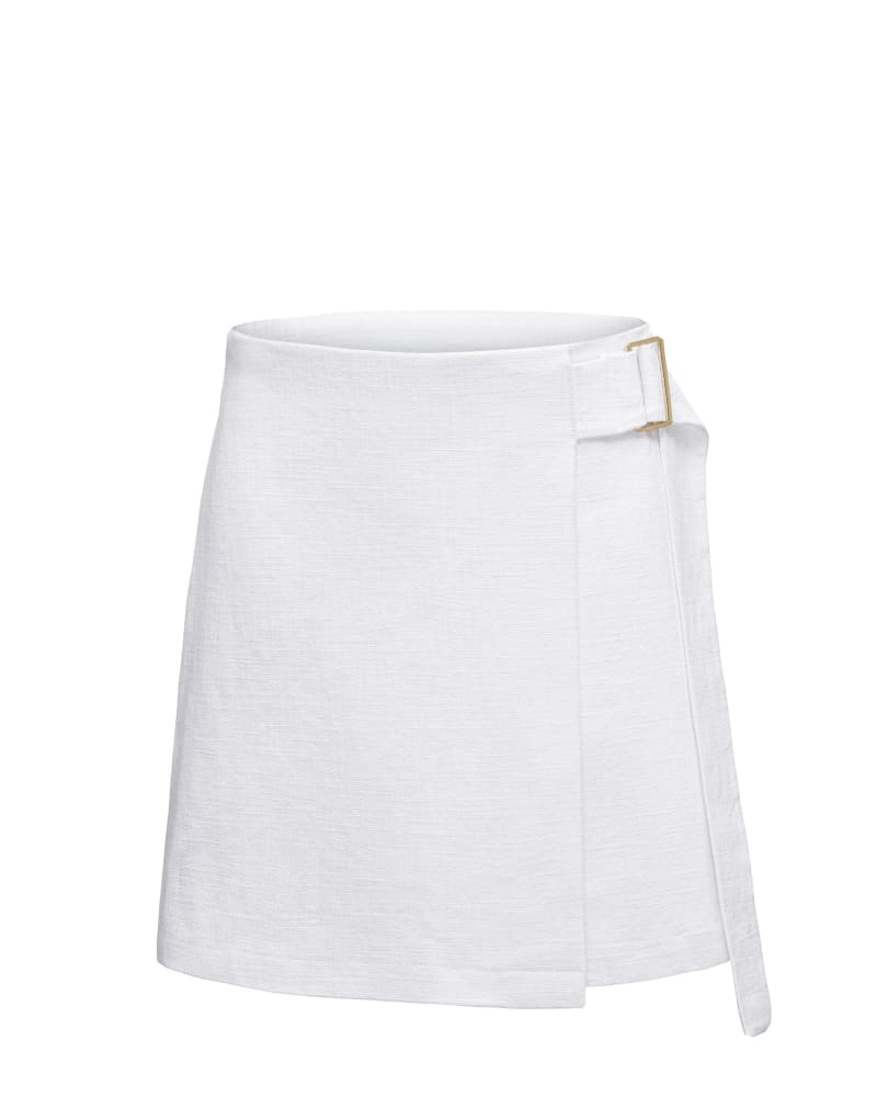 Front of a model wearing a size 1X Linen Canvas Wrap Skirt in White by Hilary MacMillan. | dia_product_style_image_id:358665